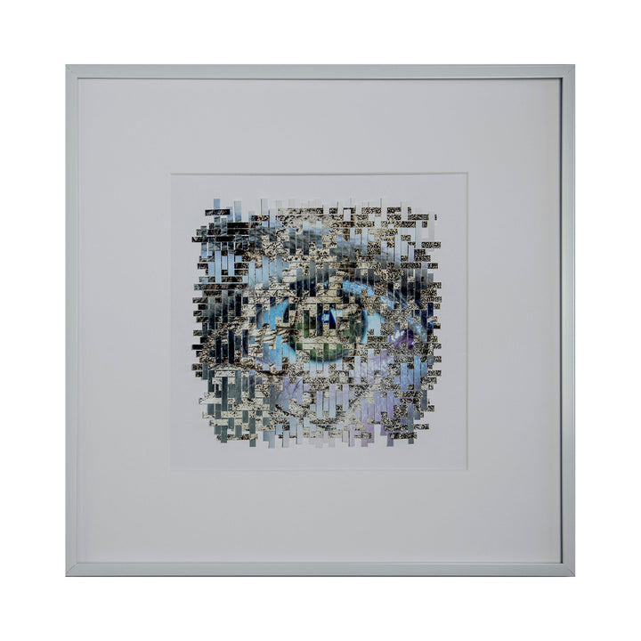 The artwork 'Heather' by Kiana Honarmand features an intricate mosaic-like composition of hand-cut and woven giclee prints. The piece displays a fragmented pattern in soft blues, grays, and whites, creating an abstract landscape effect. Set in a clean white frame, the 16x16 inch artwork combines geometric precision with ethereal watercolor-like textures - by Kiana Honarmand.