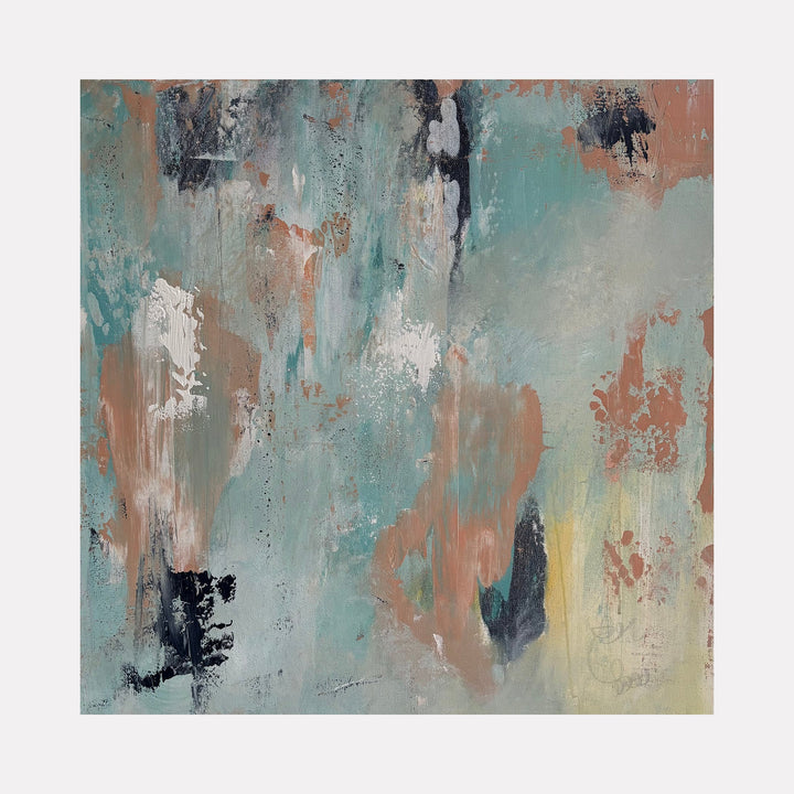 The artwork 'Hidden Amongst the Clouds' by Tammy Kushnir features an abstract mixed media composition in soft teal, coral, and cream tones. Textured brushstrokes create a weathered, distressed effect with dramatic vertical sweeps and gentle color transitions. Dark navy accents punctuate the ethereal, cloud-like patterns, embodying a dreamy atmospheric quality across the 24x24 inch canvas.