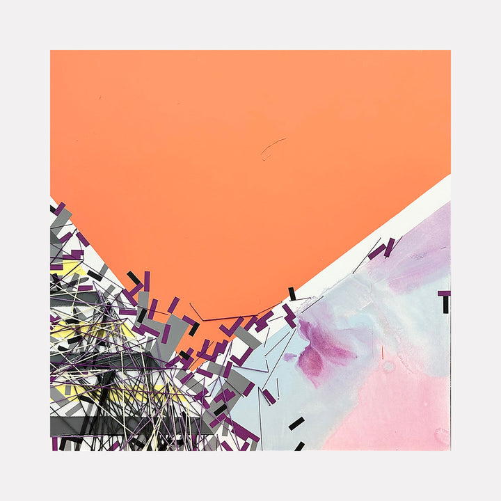 The artwork 'Hlf Asstluyu' by Philippe Halaburda features a striking geometric abstract composition with a bold coral orange background intersecting with soft watercolor-like pastels in pink and lavender. Angular black and purple geometric fragments create dynamic movement across the lower portion, contrasting against white negative space and mixed media elements. 36x36 inches mixed media artwork by Philippe Halaburda.