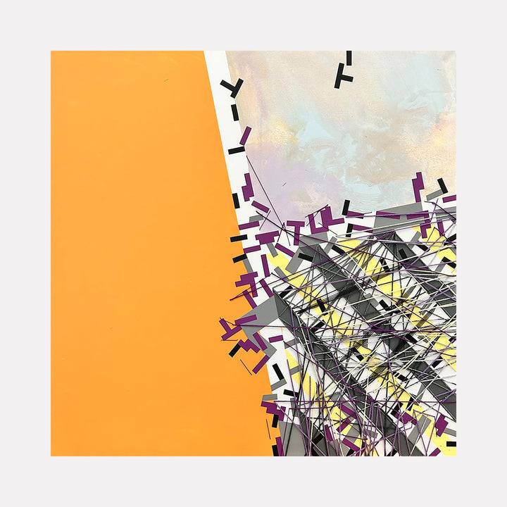 The artwork 'Hlf Ziyynn' by Philippe Halaburda features a bold orange geometric block contrasting with an abstract composition of scattered angular shapes in purple, yellow, and black. Dynamic linear elements create a burst-like pattern, with fragmented pieces dispersing across a soft pastel background. Mixed media technique combines precise geometric forms with spontaneous mark-making. 36x36 inches by Philippe Halaburda.