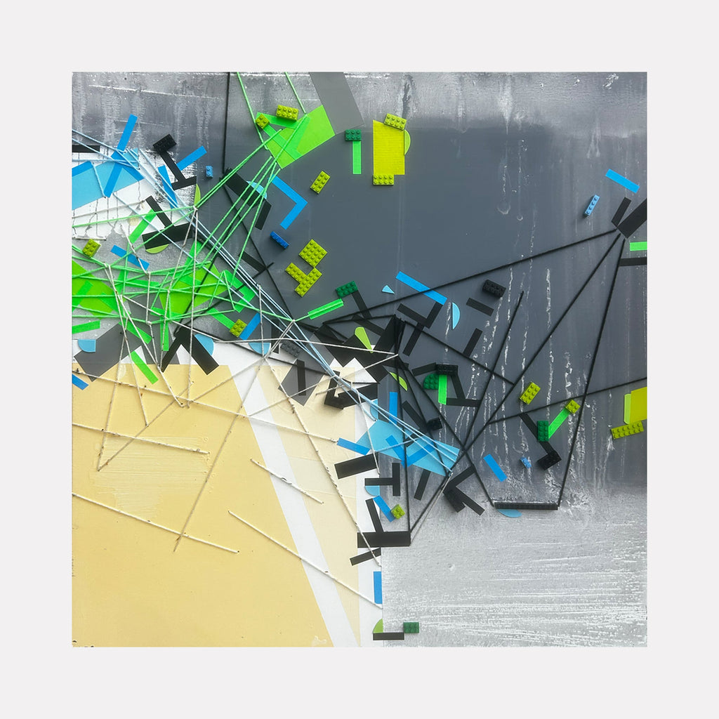 The artwork 'Hoaary Aerrvvo' by Philippe Halaburda features dynamic abstract geometric shapes in vibrant neon green and electric blue against a gray and beige backdrop. Angular lines and fractured forms create a sense of movement, with sharp metallic elements intersecting throughout the 36x36 inch mixed media composition. The piece combines bold color blocks with subtle textural elements and architectural precision.