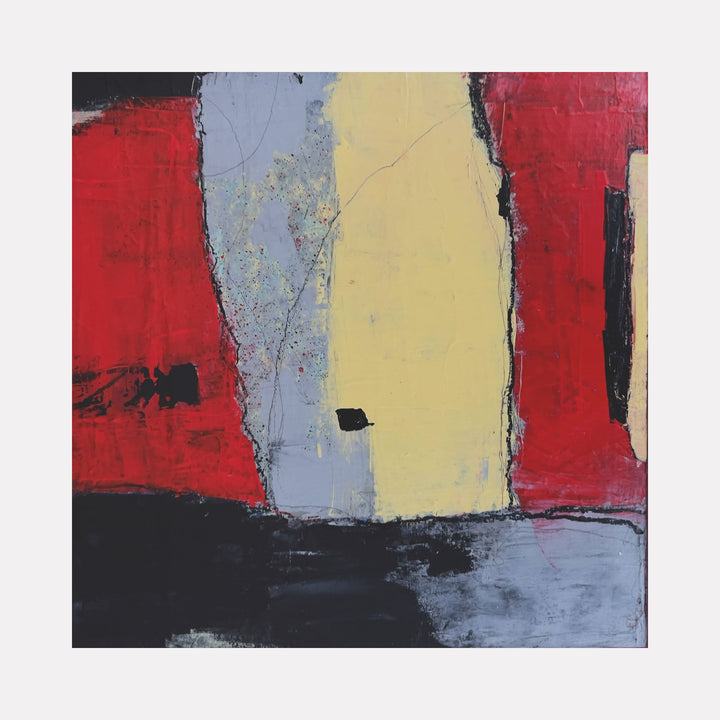 The artwork 'Holding the Space' by Karen L. Burns features bold vertical stripes in vibrant red, soft yellow, and muted gray, set against a dark base. Abstract textures and rough edges create a modern composition in acrylic, with intentional layering and distressed effects that add depth and visual interest. - Karen L. Burns