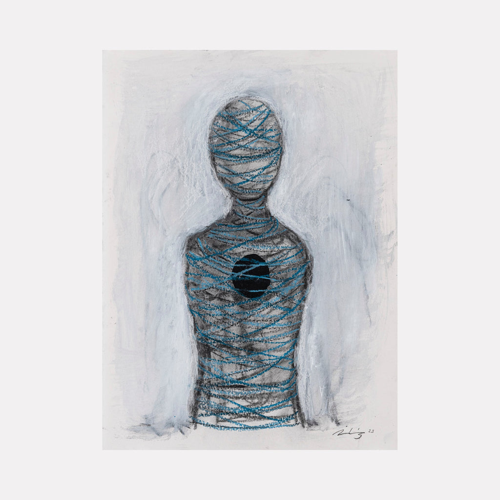 The artwork 'Hole' by AnkI King depicts an abstract figure wrapped in swirling blue and gray lines against a misty white background. A dark circular void appears in the figure's torso, creating a haunting contrast. The mixed media technique on paper combines textural elements with ethereal brushwork in a contemporary minimalist style.