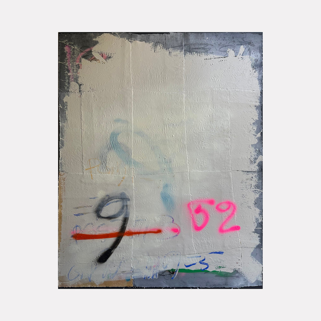 The artwork 'Untitled' by Olympio features an abstract mixed media composition on canvas with a cream-colored base. The piece showcases minimal graffiti-style elements including a striking black number 9, a red horizontal line, and neon pink numbers 32. Subtle blue and grey tones create depth along the edges, with textural brushstrokes adding dimensional interest. Mixed media on canvas, 48x60 inches.