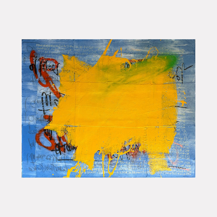 The artwork 'Sunny blue' by Olympio features a vibrant abstract composition with a dominant yellow splash against a serene blue background. The mixed media painting showcases textural brushstrokes, graffiti-like elements in red, and expressive drips in green, creating a dynamic urban contemporary aesthetic on canvas. 48x60 inches.