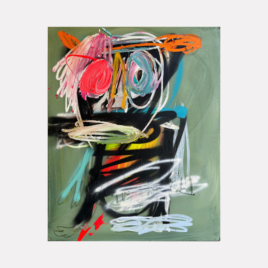 The artwork 'The Fighter' by Olympio features an expressive abstract composition with bold brushstrokes in vibrant orange, pink, and turquoise against a sage green background. Dynamic black forms create a central figure-like shape, accented with white gestural lines and red accents, showcasing energetic mixed media techniques on canvas.