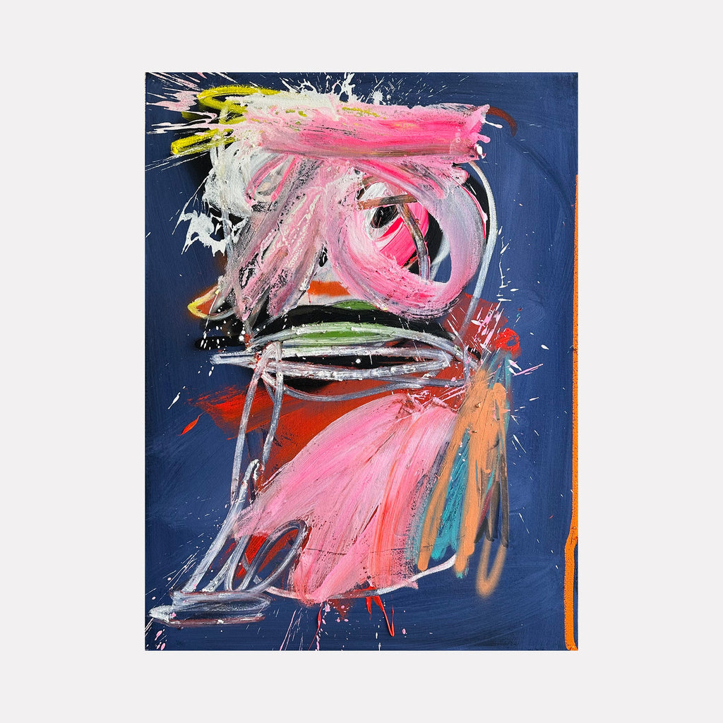 The artwork 'A Night Owl' features dynamic abstract expressionist strokes in vibrant pink and white against a deep navy background. Bold splashes and sweeping brushwork create an energetic composition, with accents of orange, green, and turquoise. The mixed media technique on canvas produces textural elements and spontaneous paint splatters, suggesting movement and emotion. By Olympio.