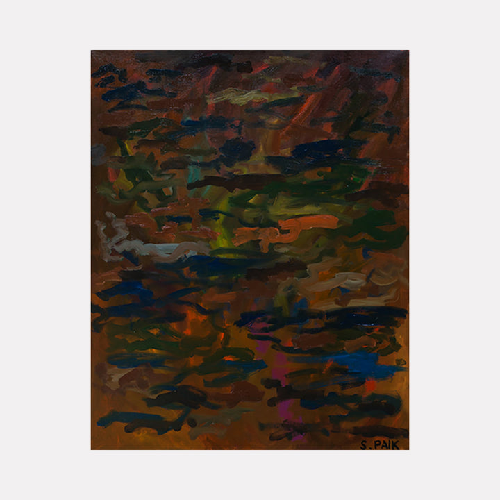 The artwork 'IPAOC 0157' by Saehyun Paik features an abstract composition with dynamic brushstrokes in rich earth tones. Deep browns blend with midnight blues and forest greens, creating a textured, camouflage-like pattern. The oil painting's surface shows energetic movement and layered colors, suggesting depth and motion through expressive paint application on canvas by Saehyun Paik.