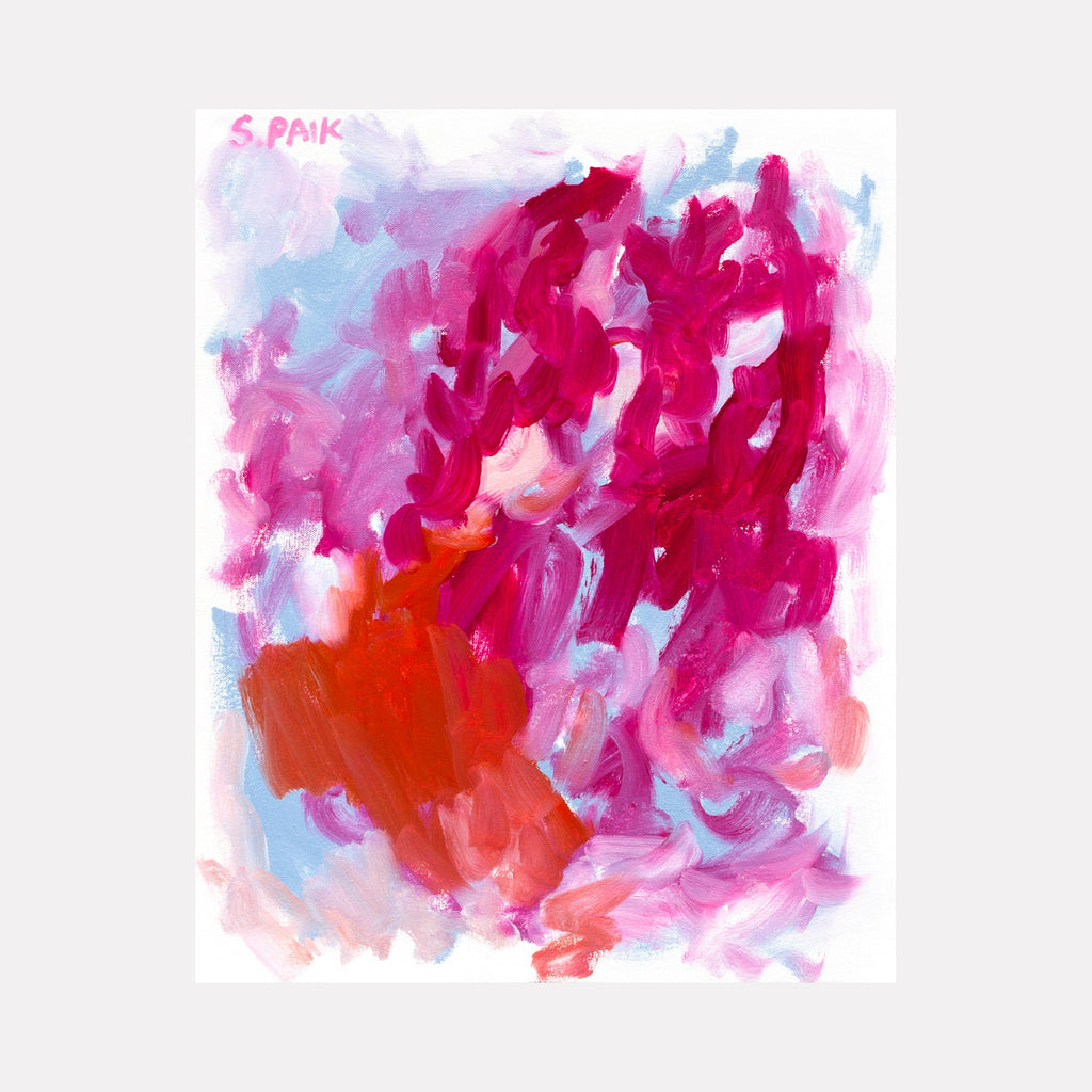 The artwork 'IPAOC 0179' by Saehyun Paik features vibrant abstract brushstrokes in magenta, coral red, and soft blue hues. Dynamic swirling patterns create a sense of movement across the canvas, with bold expressive strokes intermingling with delicate pastel tones in this contemporary oil painting. By Saehyun Paik.