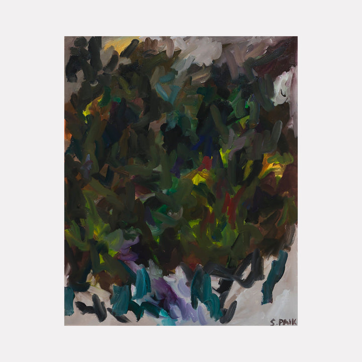 The artwork 'IPAOC 0182' by Saehyun Paik features an abstract expressionist composition with dynamic brushstrokes in deep forest greens, rich teals, and subtle yellow highlights against a dark background. Bold gestural marks create a sense of movement through layered oil paint, suggesting a dense natural environment. Oil on canvas, 30x24 inches, by Saehyun Paik.