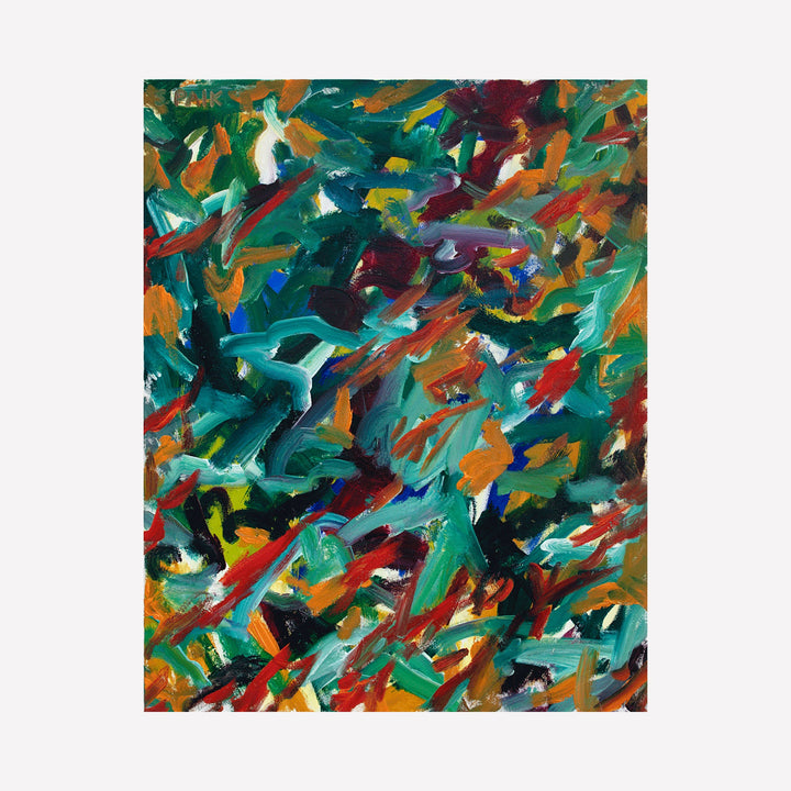 The artwork 'IPAOC 0234' by Saehyun Paik features dynamic brushstrokes in vibrant teal, orange, burgundy, and yellow creating an abstract expressionist composition. Bold gestural marks sweep across the canvas, suggesting motion and energy through layers of impasto oil paint, with flashes of white and deep green adding depth and dimension to the 36x24 inch canvas. By Saehyun Paik.