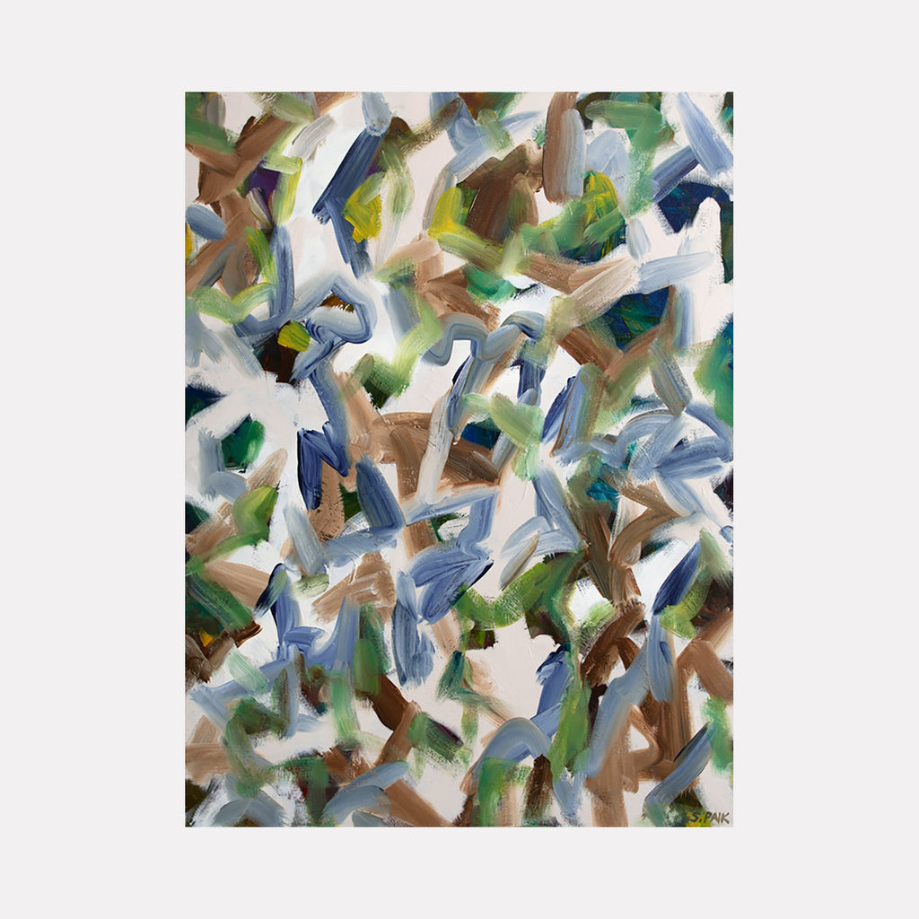 The artwork 'IPAOC 0238' by Saehyun Paik features dynamic abstract brushstrokes in navy blue, forest green, and earthy brown tones swirling against a white background. The oil painting showcases an energetic composition with overlapping gestural marks creating a sense of movement and depth across the 40x30 inch canvas.