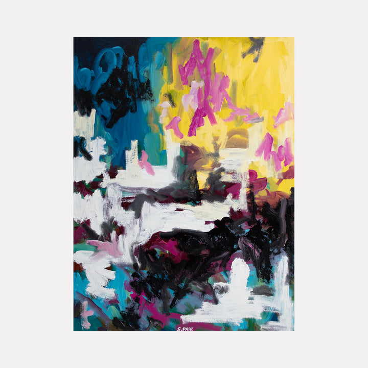 The artwork 'IPAOC 0239' by Saehyun Paik features dynamic abstract expressionism with bold brushstrokes in vibrant turquoise, magenta, and brilliant yellow against stark white and deep black. The composition creates a dramatic interplay of light and shadow, with energetic gestural marks suggesting movement and emotional depth on oil canvas. Artist: Saehyun Paik