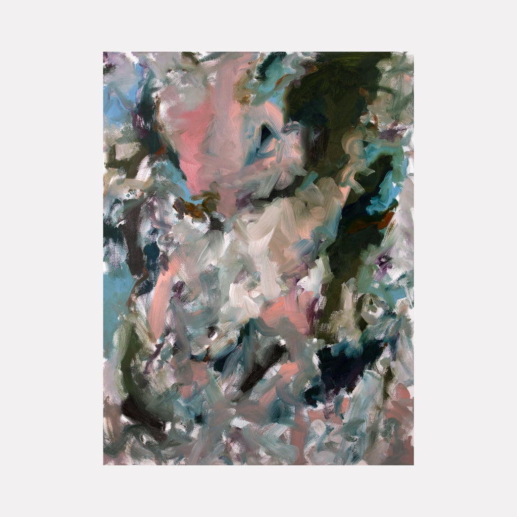 The artwork 'IPAOC 0241' by Saehyun Paik features an abstract composition with dynamic brushstrokes in soft pink, teal, and deep forest green tones. The oil painting creates a swirling effect with layered colors, suggesting movement and atmospheric depth through loose, expressive brushwork and blended transitions between light and dark areas.