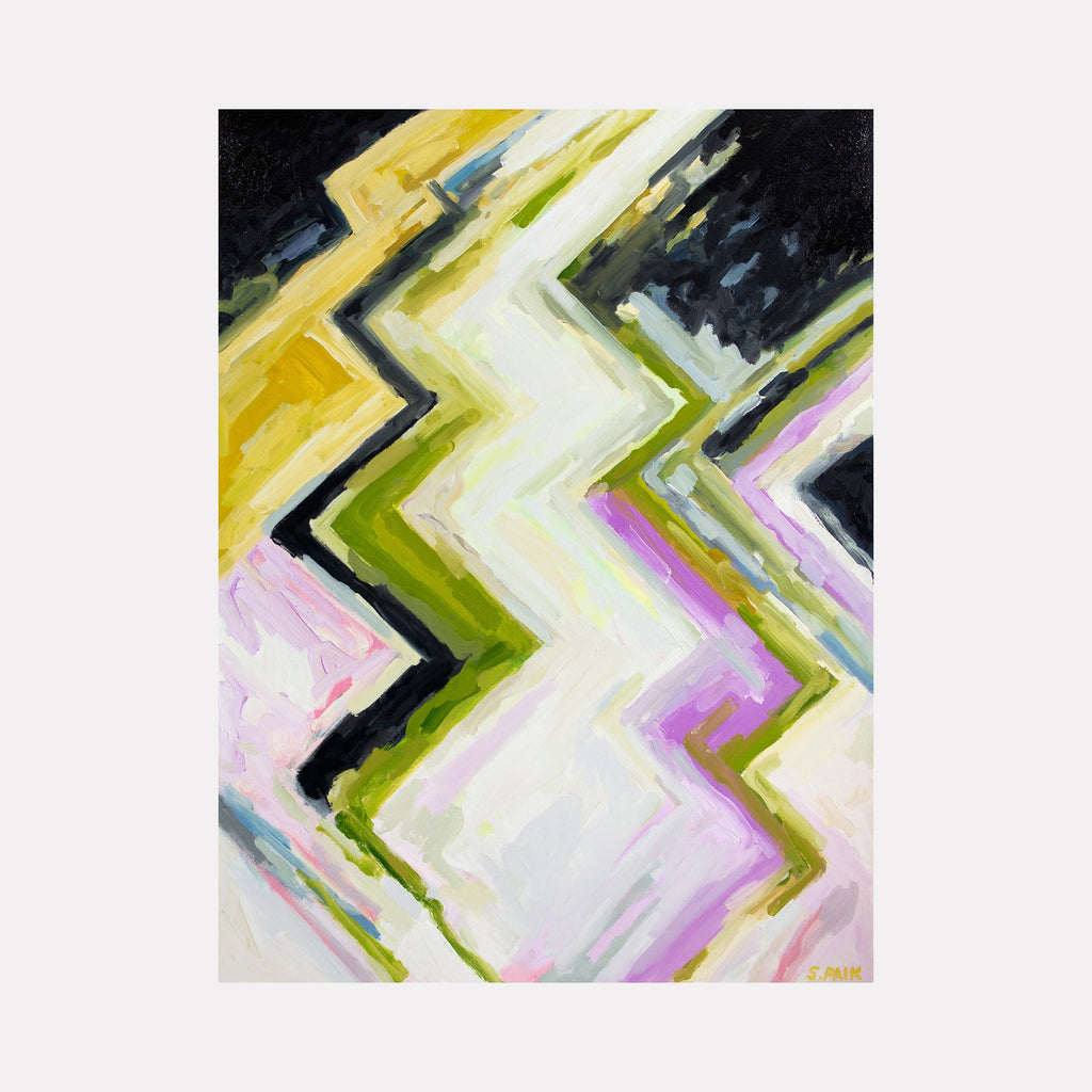 The artwork 'IPAOC 0245' by Saehyun Paik features bold zigzag patterns in vibrant yellow, olive green, and lavender hues against a white background. The abstract composition creates dynamic movement through sharp angular lines and fluid brushstrokes, with contrasting dark elements adding depth to the 48x36 inch oil painting.