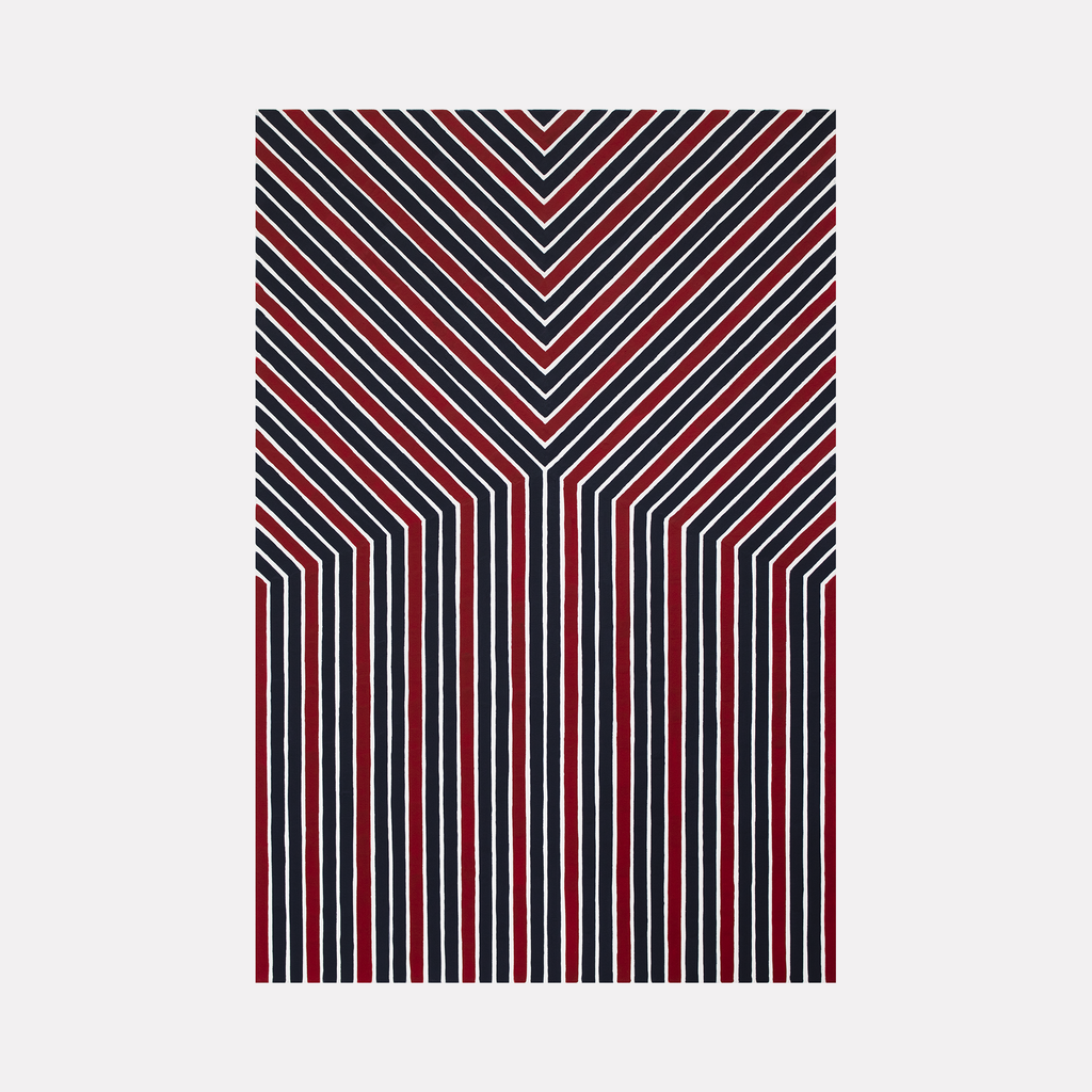 The artwork 'IPGAC 0222' by Saehyun Paik features bold geometric patterns with alternating black and red stripes forming a striking V-shaped composition. The lines converge symmetrically towards the center, creating a dynamic optical illusion effect on a white background. This 36x24 inch acrylic on canvas piece demonstrates precise linear execution and modern minimalist design.