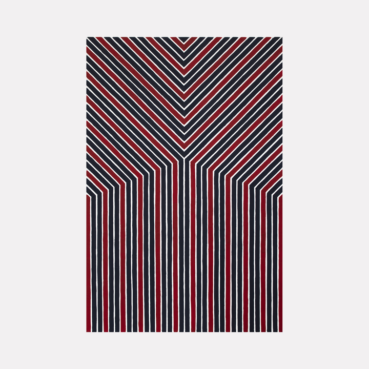 The artwork 'IPGAC 0222' by Saehyun Paik features bold geometric patterns with alternating black and red stripes forming a striking V-shaped composition. The lines converge symmetrically towards the center, creating a dynamic optical illusion effect on a white background. This 36x24 inch acrylic on canvas piece demonstrates precise linear execution and modern minimalist design.