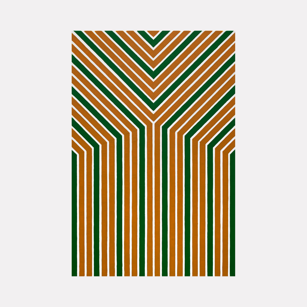 The artwork 'IPGAC 0223' by Saehyun Paik features bold geometric stripes in alternating green and orange colors, forming a symmetrical Y-shaped pattern. The lines create a dynamic optical illusion with sharp angular intersections on a white canvas, executed in acrylic paint with precise minimalist composition, sized 36x24 inches.