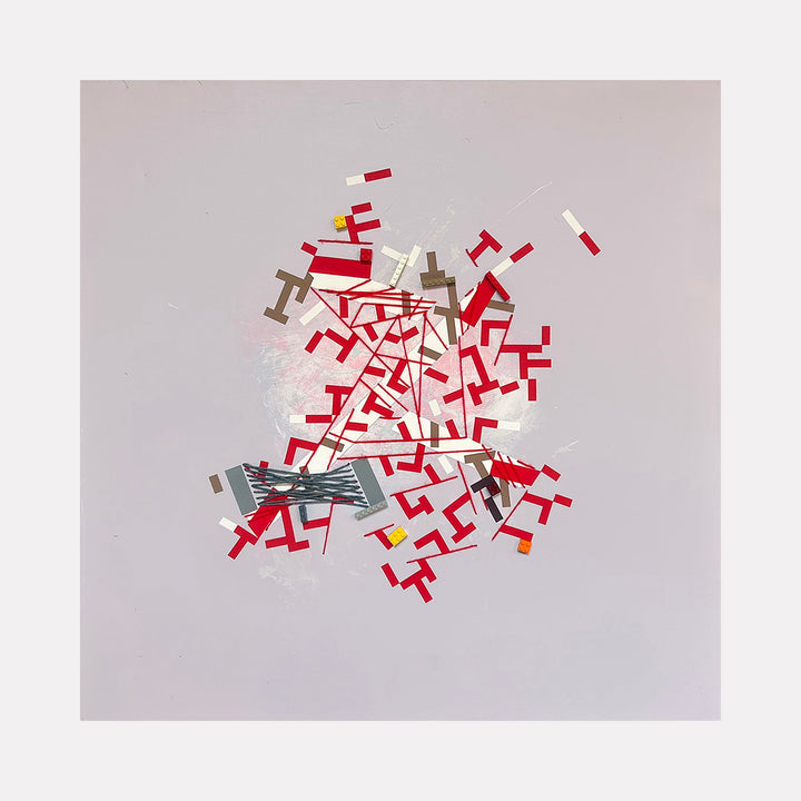 The artwork 'Iiiviarco' by Philippe Halaburda features an abstract composition of scattered geometric shapes in vibrant red, contrasting with metallic gray elements against a soft gray background. Angular fragments and linear forms create a dynamic, explosive pattern, suggesting movement and energy in mixed media technique, measuring 36x36 inches.