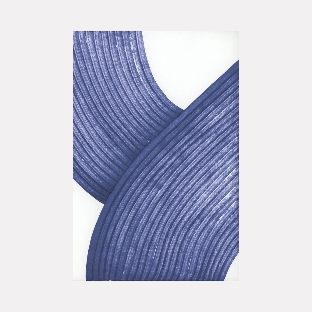 The artwork 'Indigo' by Alina Glotova features minimalistic curved lines in deep indigo blue creating an abstract pattern. Multiple parallel strokes sweep across the composition in graceful arcs, suggesting organic movement and flow. Created with printInk marker on white background, the piece demonstrates careful attention to line weight and negative space.