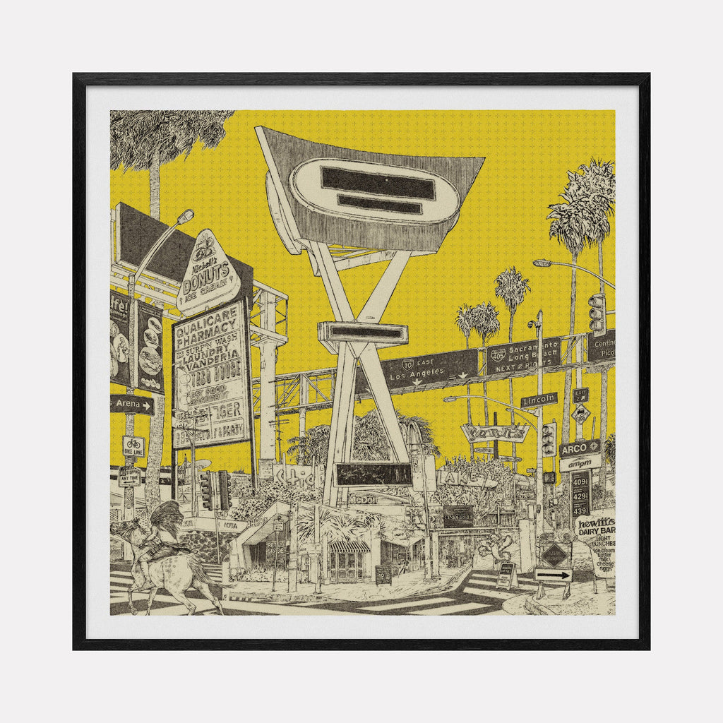 The artwork 'It's a Sign' by Steve Moors features retro LA streetscape with vintage motel sign against yellow sky, palm trees, and detailed architectural line art in black and white