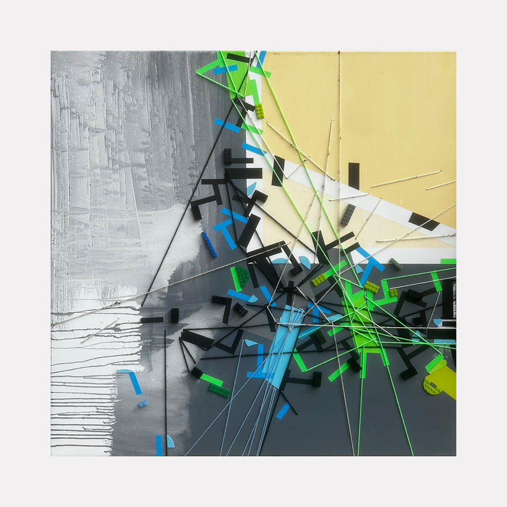 The artwork 'Jejuud Piyaa' by Philippe Halaburda features dynamic geometric abstract composition with intersecting angular shapes in vibrant neon green and electric blue against a grayscale background. Mixed media technique combines sharp linear elements with textured brushwork, creating a modern urban aesthetic with explosive energy at 36x36 inches.