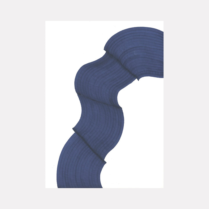 The artwork 'Journey of the Sea' by Alina Glotova features a minimalistic navy blue wave-like form with gentle curved lines flowing vertically across a white background. The design shows concentric ripples within the shape, creating a sense of movement and depth through subtle tonal variations in the ink marker medium.