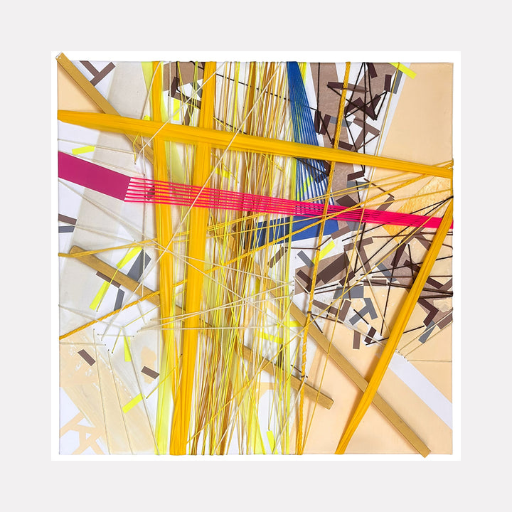 The artwork 'Kkahuul2an' by Philippe Halaburda features dynamic intersecting lines in vibrant yellow, pink, and blue against a cream background. Abstract geometric composition with sharp angular elements and scattered rectangular shapes creates depth through overlapping transparent layers. Mixed media on 30x30 inch canvas showcases contemporary urban aesthetic and architectural influence.