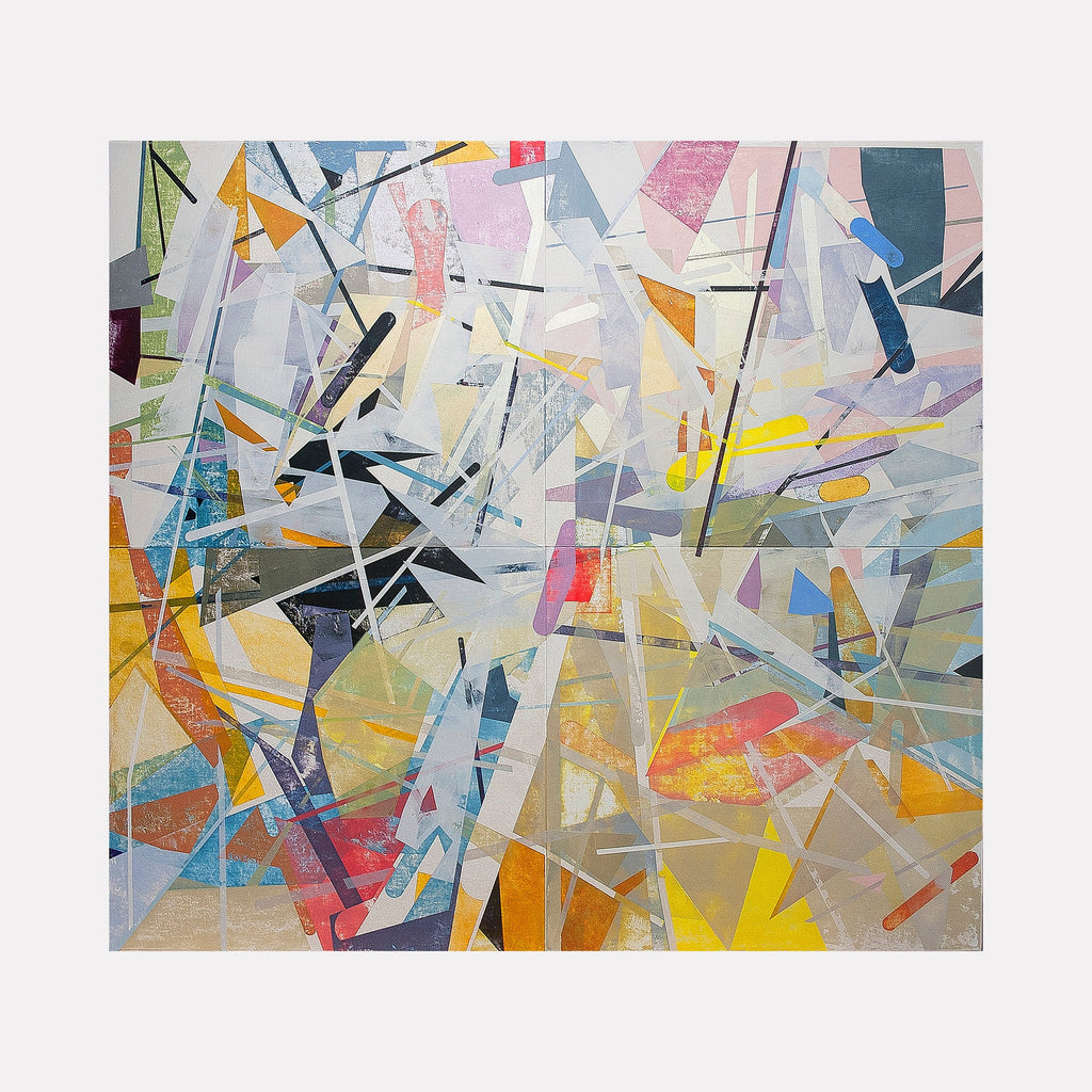 The artwork 'LD XIV' by Ken Schiano features dynamic abstract geometric shapes in fragmented composition, with intersecting angular forms in pastel blues, yellows, pinks, and oranges. Textural dry pigment and cold wax technique creates a layered effect, with sharp lines cutting through soft color fields across the canvas panel by Ken Schiano.