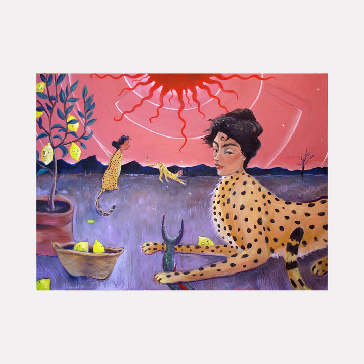 L for Yellow by Dara Theodora: Whimsical tempera painting featuring spotted leopards, lemon tree, and pink sunset sky on purple ground