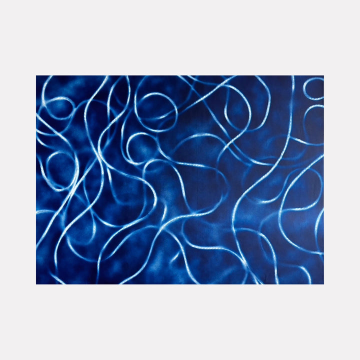 The artwork 'La Danse' by Gina Iannucci features dynamic swirling lines in luminous electric blue against a deep navy background. Created with spray paint on canvas, the abstract composition depicts flowing, ribbon-like curves that create a sense of fluid movement and rhythm across the 36x48 inch surface.