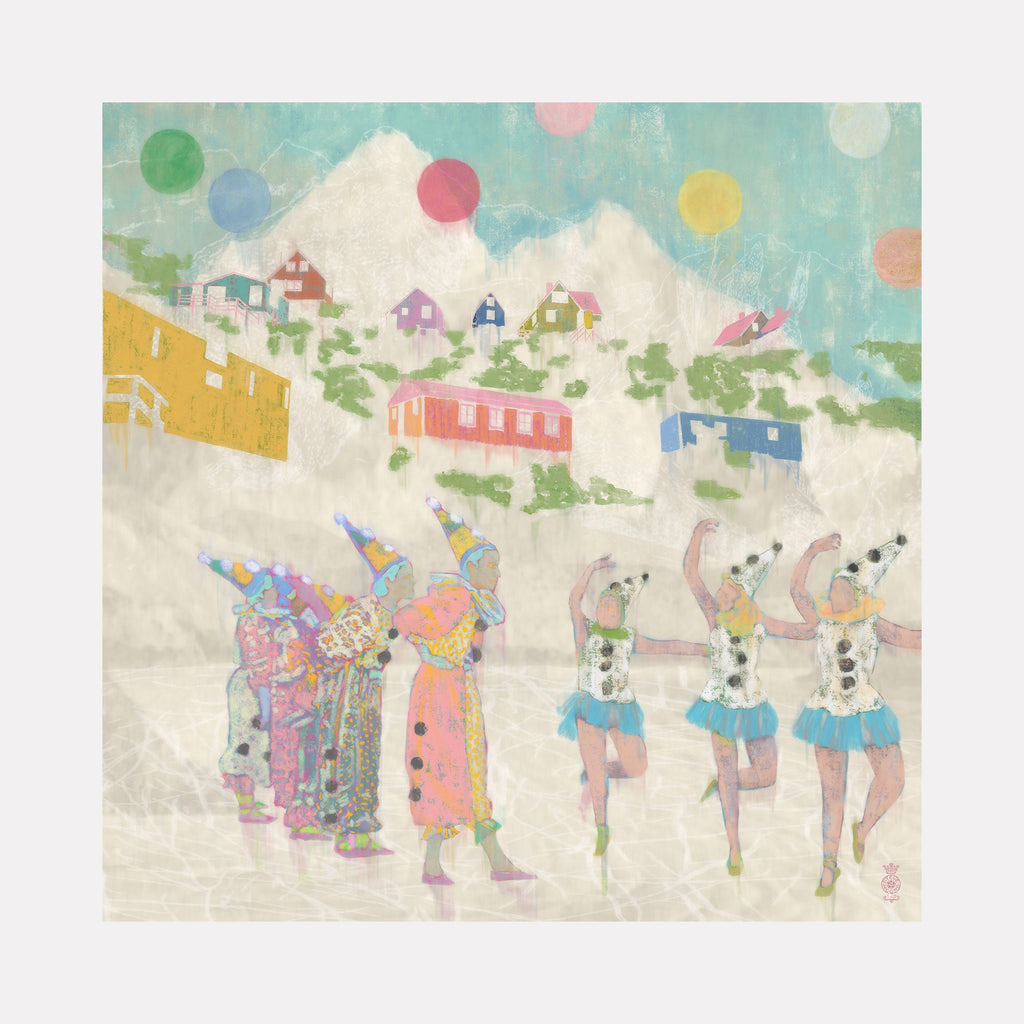 The artwork 'LadyClowns' by Steve Moors features a whimsical scene with colorful figures dancing against a hillside backdrop. Pastel-colored houses dot the hilltop under floating orbs of pink, yellow, green, and blue. The figures wear vibrant, patterned costumes with polka dots and playful designs in soft watercolor-style rendering, creating a dreamy, theatrical atmosphere on museum grade paper mounted on alu-dibond.