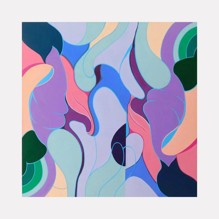 The artwork 'Les Fleurs Animees' by Ellannah Sadkin features flowing, organic shapes in a harmonious palette of pastel pink, lavender, mint green, and cobalt blue. Abstract curved forms interweave across the canvas, creating a dynamic composition reminiscent of blooming flowers. The 30x30 inch acrylic painting demonstrates smooth color transitions and bold outlines, embodying a contemporary abstract style.