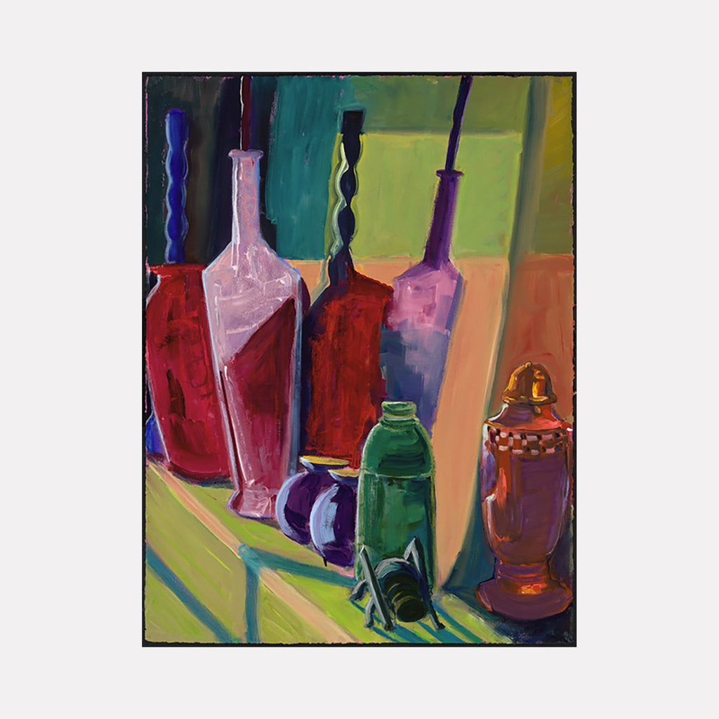 The artwork 'Light Show' by Cristi Lyon features vibrant still life of colorful glass bottles and vessels arranged in a row, including pink, red, and blue bottles, alongside a distinctive green bottle and decorative urn. Bold brushstrokes in oil paint create dramatic shadows against a lime green and coral background, showcasing expressive contemporary style.