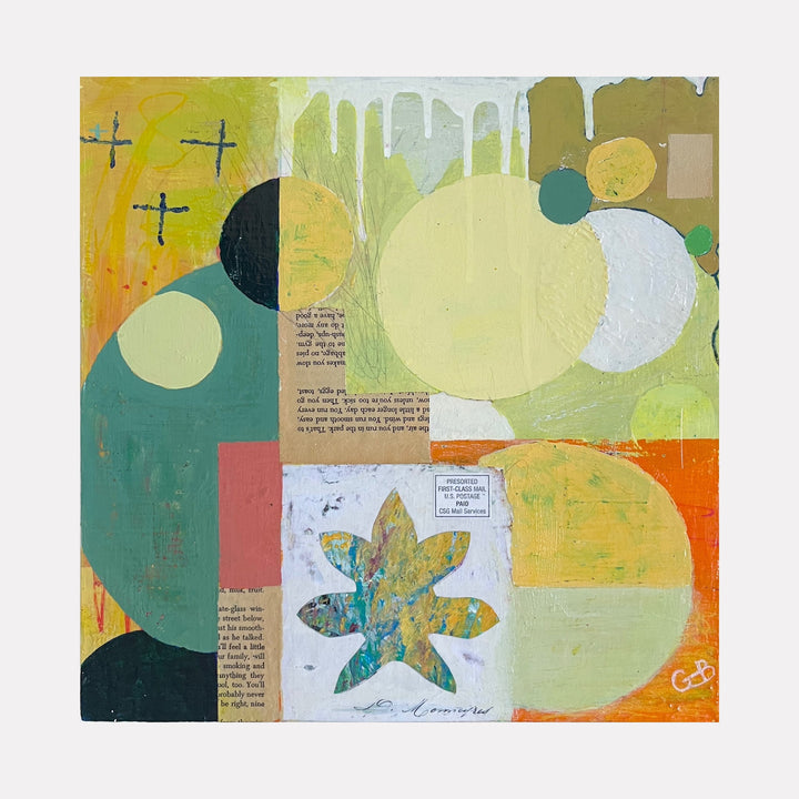 The artwork 'Limes and Lemons' by Giliane Bader features abstract circular shapes in teal, yellow, and white, with dripping paint effects. A collaged maple leaf in turquoise and gold adds texture, while scattered text fragments and crosses create visual interest. Mixed media on birch panel with cold wax finish creates depth and dimension. By Giliane Bader.