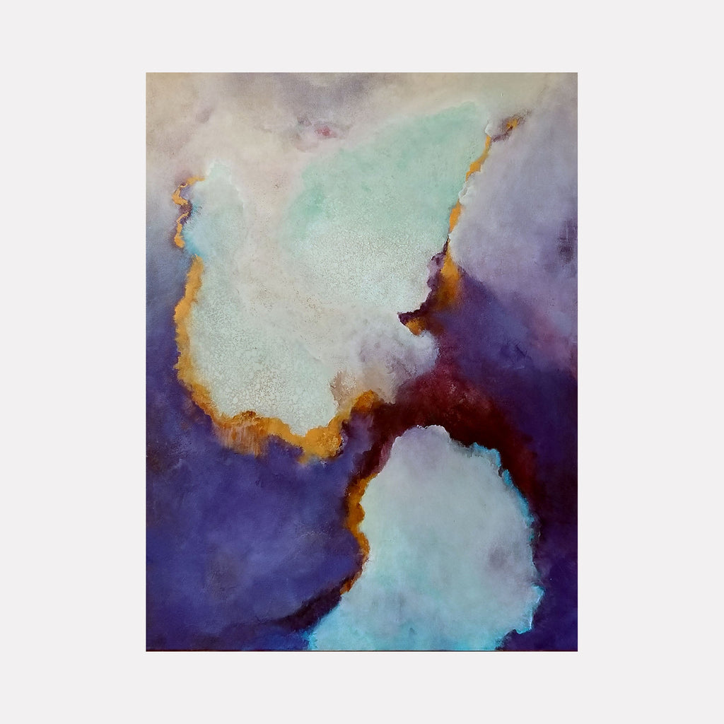 The artwork 'Looking Up' by Janyce Erlich-Moss features ethereal abstract forms in mint and deep purple hues. Two cloud-like shapes with golden-edged borders float against a gradient background, creating a dreamy atmospheric effect. The acrylic painting showcases fluid transitions between colors and textural brushwork on canvas by Janyce Erlich-Moss.