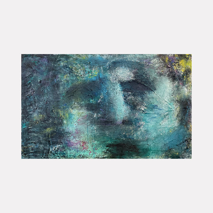 The artwork 'Lost in Thought' by Jordan Barker features an abstract expressionist composition in rich aqua blues and deep teals, with textural brushstrokes creating a moody, ethereal atmosphere. Swirling patterns and layered mixed media elements merge with dark undertones and subtle yellow accents, creating depth and emotional resonance on a 30x48 inch canvas.