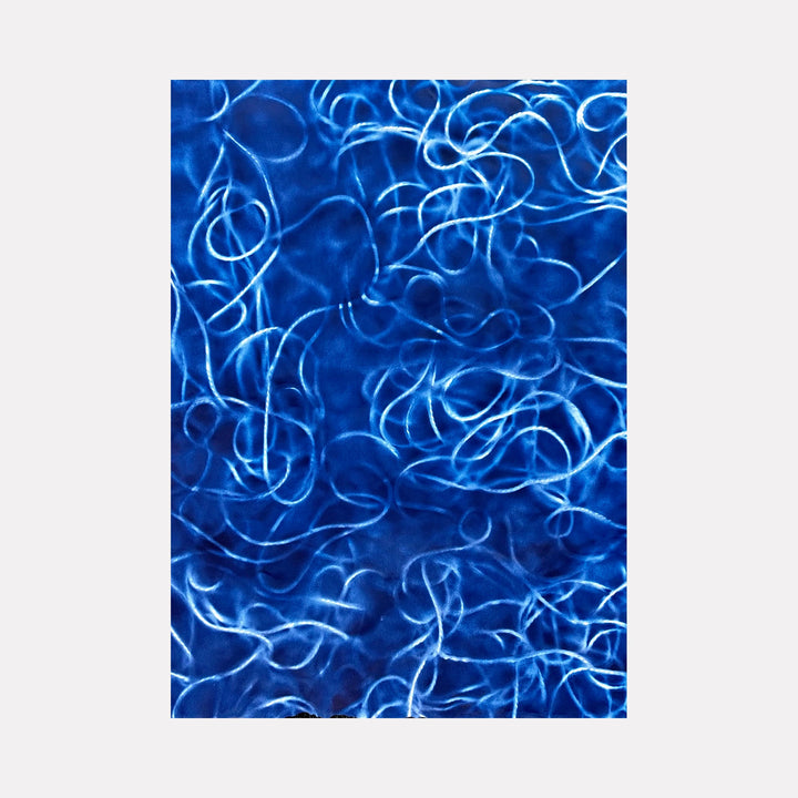 The artwork 'Marea' by Gina Iannucci features a dynamic abstract composition of luminous white swirling lines against a deep cobalt blue background. The spray paint technique creates fluid, interweaving patterns reminiscent of underwater currents or wind patterns, with varying line thicknesses and subtle gradients throughout the 48x60 inch canvas.