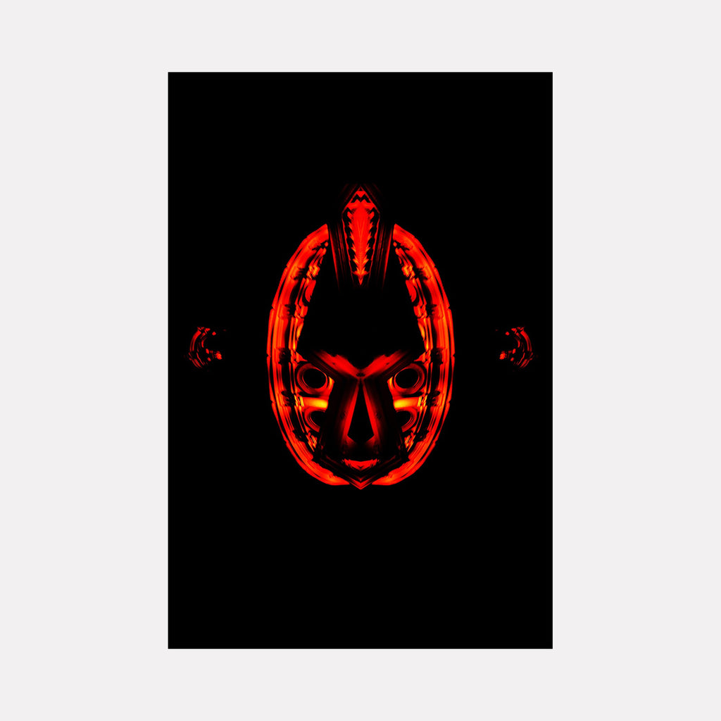 The artwork 'Mask' features a striking red tribal-style mask glowing against a deep black background, creating dramatic contrast. The design showcases symmetrical geometric patterns with angular details and curved elements forming an oval shape. Photographed in a minimalist style measuring 24x36 inches by Cavier Coleman.