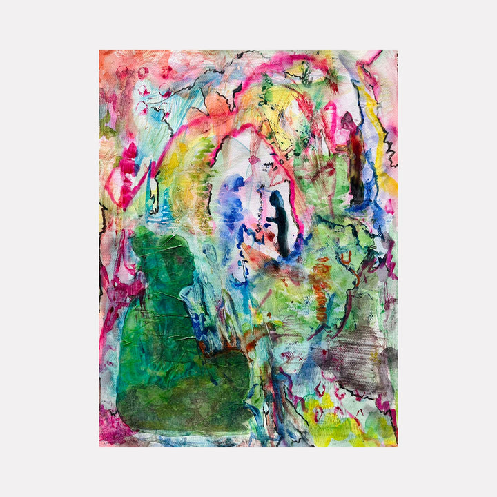 Mapping of Self by Dionysia Adamopoulou: Abstract mixed media artwork with vibrant green, pink and blue watercolor swirls on paper