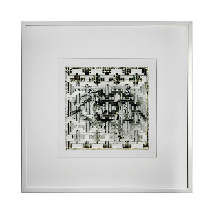 The artwork 'Marks Left by the Years' by Kiana Honarmand features an abstract geometric composition in black and white, comprising hand-cut and woven giclee prints. The pattern shows intricate pixelated shapes and angular forms creating a maze-like structure, framed in crisp white matting. The 16x16 inch piece displays a monochromatic palette with varying tones and textures.