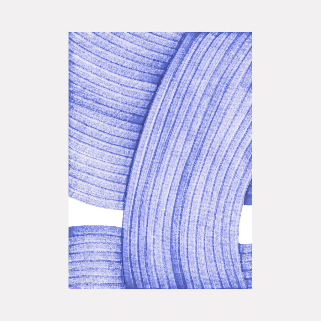 The artwork 'Maya Blue' by Alina Glotova features elegant curved lines in soothing blue tones, creating a minimalistic abstract composition. Delicate parallel strokes form sweeping arcs against a white background, resembling ribbed textures or waves. The printInk marker technique creates precise linear patterns with varying intensity of blue hues.