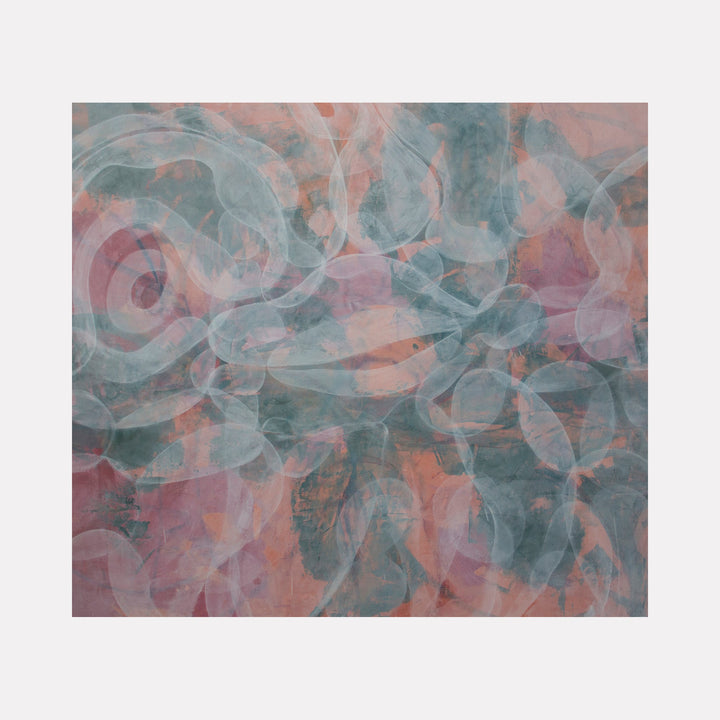 The artwork 'Meditation 11' by Carin Kulb Dangot features ethereal swirling patterns in translucent teal and coral tones. Abstract circular forms float and overlap across the canvas, creating a dreamy, atmospheric composition. The layered brushstrokes in acrylic paint create a sense of depth and movement, with soft edges blending into a harmonious flow of cool and warm colors.