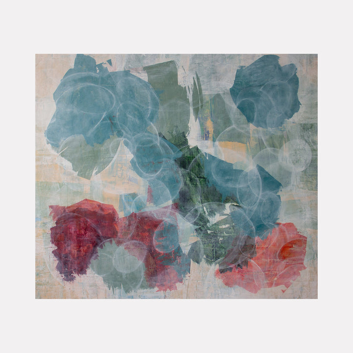 The artwork 'Meditation 23' features ethereal layers of translucent teal and coral shapes floating against a misty gray background. Organic circular forms overlap and blend, creating a dreamy, atmospheric composition reminiscent of underwater flora. The acrylic painting combines soft, watercolor-like effects with bold gestural strokes by Carin Kulb Dangot.