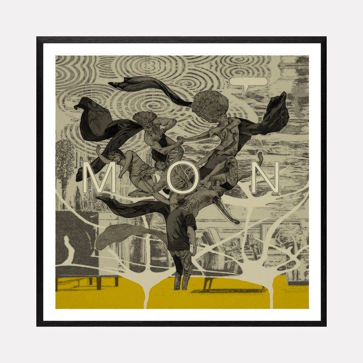 Monumenta 1 by Steve Moors: Abstract monochromatic print featuring dynamic figures against swirling patterns, yellow base, framed