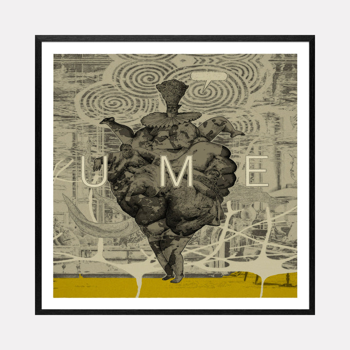 Monumenta 2 by Steve Moors features a surreal figure in smoke-like swirls against sepia tones, with spiraling patterns and UME text, framed in black