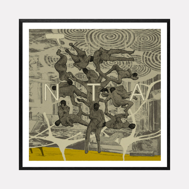 Monumenta 3 features abstract figures in motion against a gray background with spiral patterns, set above a yellow base by Steve Moors