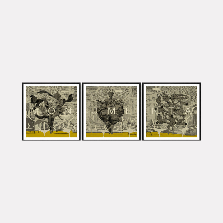 Monumenta Triptych artwork features three monochromatic panels with abstract figures, circular patterns and yellow accents in black frames by Steve Moors