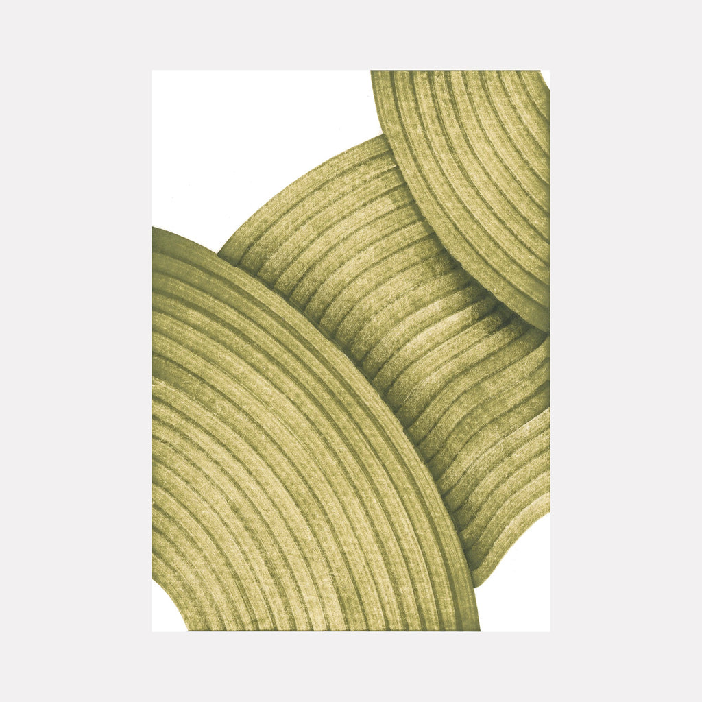 The artwork 'Musa Sapientum' by Alina Glotova features minimalistic curved lines in olive green tones, resembling abstract banana leaf patterns. The composition showcases overlapping concentric arcs with detailed linear textures, creating a harmonious botanical study in printInk marker technique, measuring 40 x 30 inches.