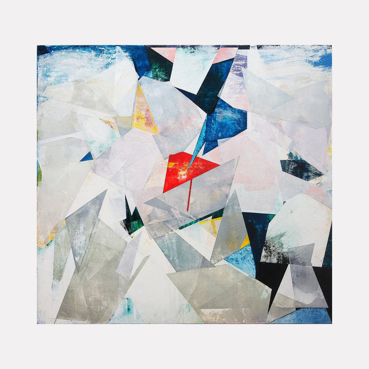 The artwork 'NP XVIII' by Ken Schiano features an abstract geometric composition with fragmented triangular shapes in white, blue, and gray tones, punctuated by a striking red triangle. The painting employs dry pigment and cold wax on canvas, creating textural layers and angular intersections that evoke a dynamic, modernist aesthetic.